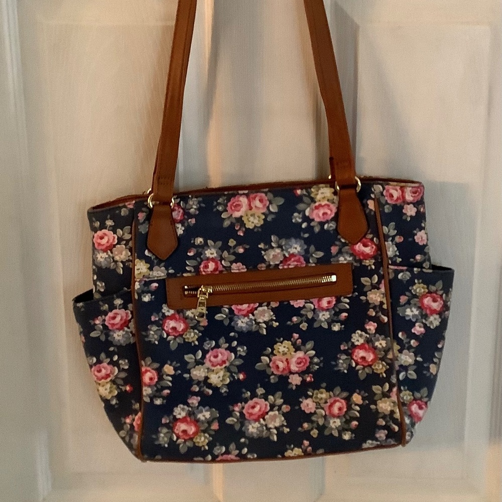 Floral Canvas Bag with Faux Leather Trim